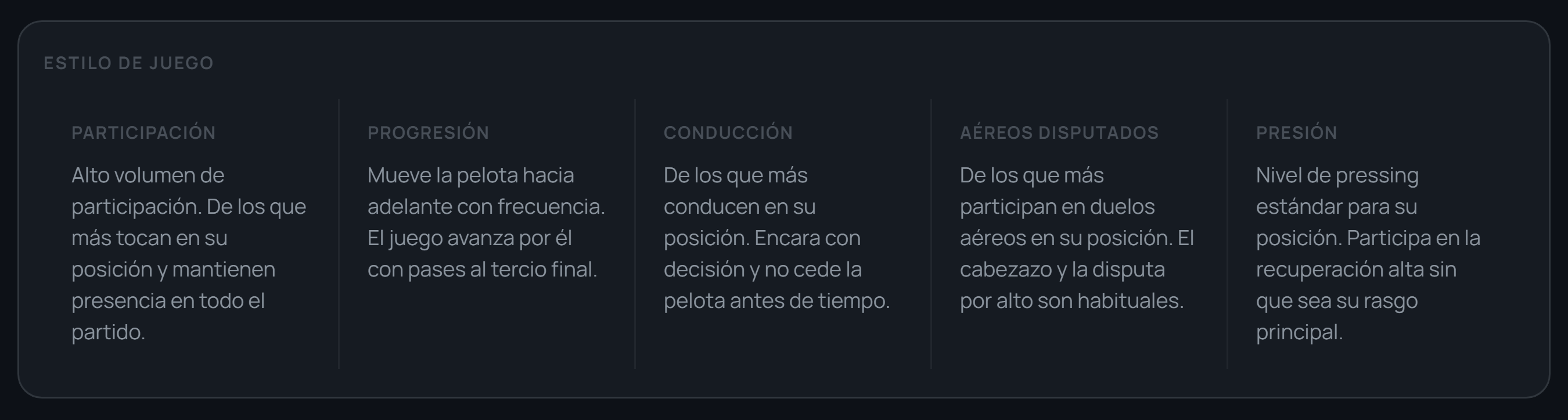 Sección Estilo de juego del reporte de Juan Otero